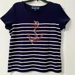 ⚓️ Karen Scott Navy and White Striped Anchor Tee